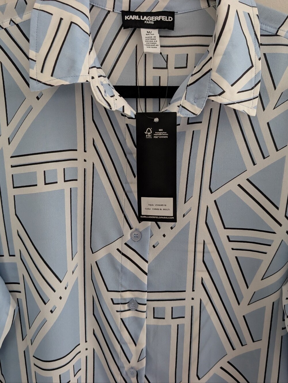 NWT Karl Lagerfeld Paris Light Blue and White Geometric Button-Down Shirt - Picture 7 of 10